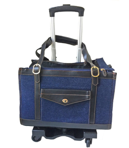 Denim pet carrier on Pet-Trek 4 wheel dolly